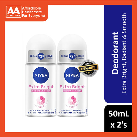 Nivea Extra Bright (Radiant and Smooth) 72H Anti-Perspirant Roll On 50mLx2's [Twinpack]
