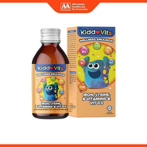 KiddoVits Wellness Emulsion with Iron, Lysine, B Vitamins and Vitamin D3 120mL (Orange Flavour)