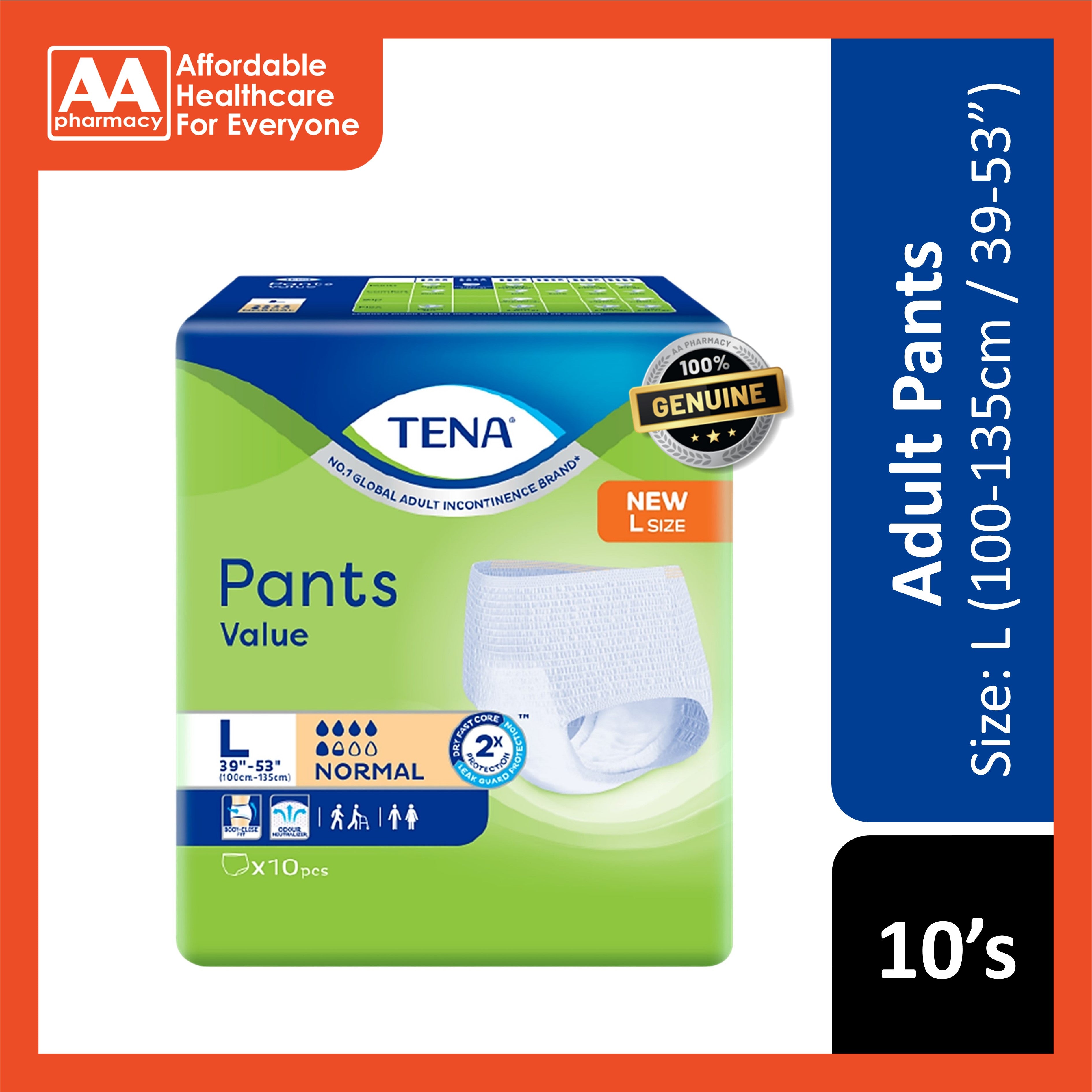 Tena Value Adult Pants Size L 10's (100-135cm / 39–53 inches)
