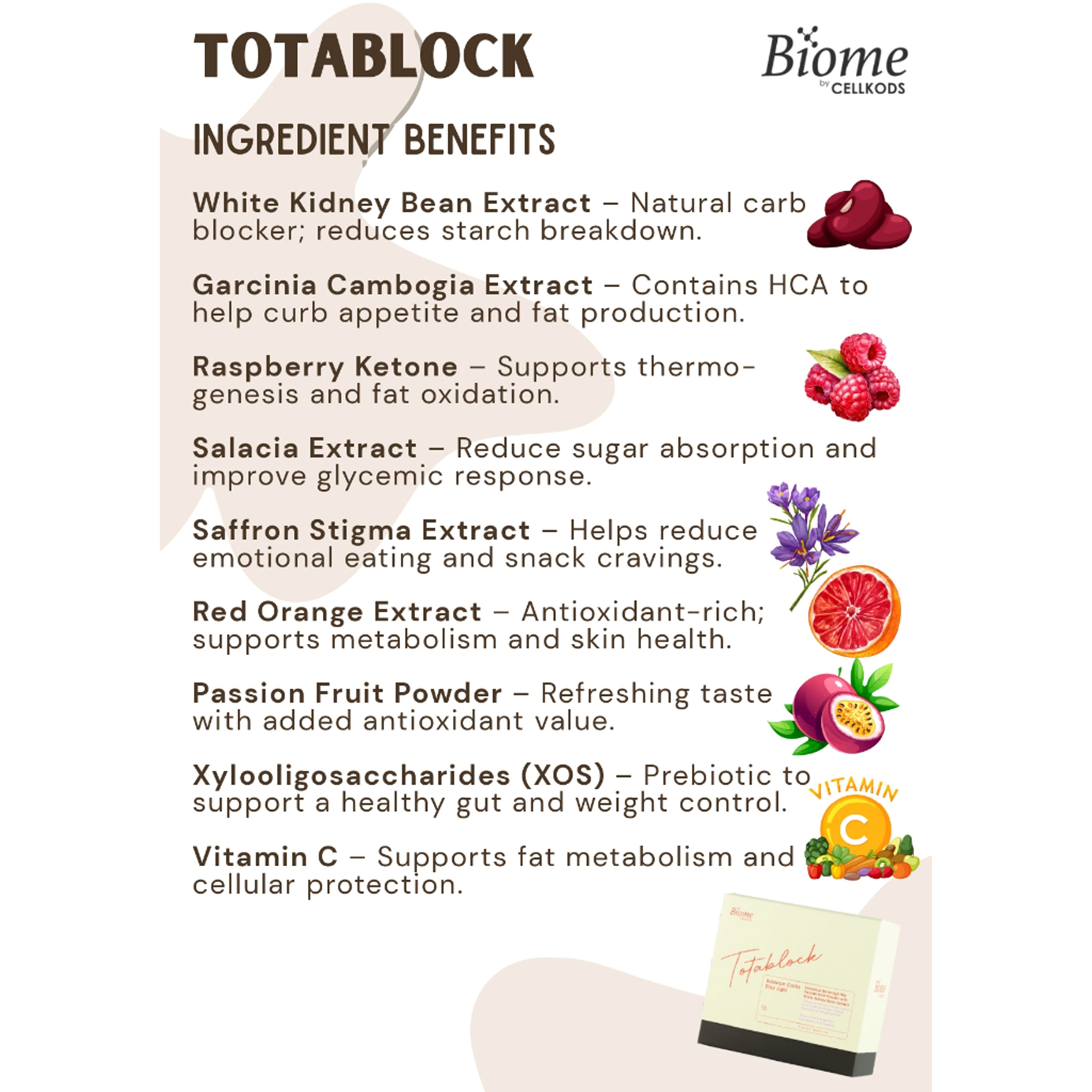 Biome Totablock (Botanical Beverage Mix Passion Fruit Powder with White Kidney Bean Extract) Sachet 5gx15's