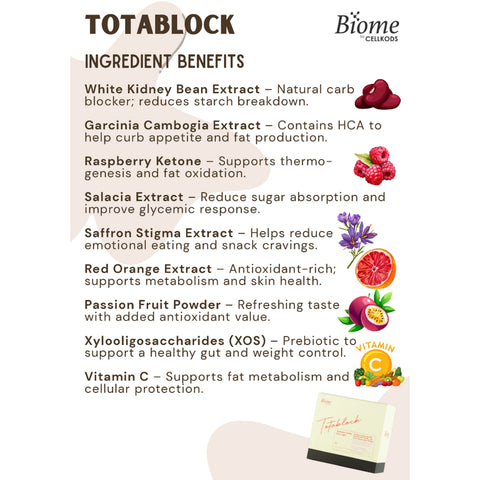 Biome Totablock (Botanical Beverage Mix Passion Fruit Powder with White Kidney Bean Extract) Sachet 5gx15's