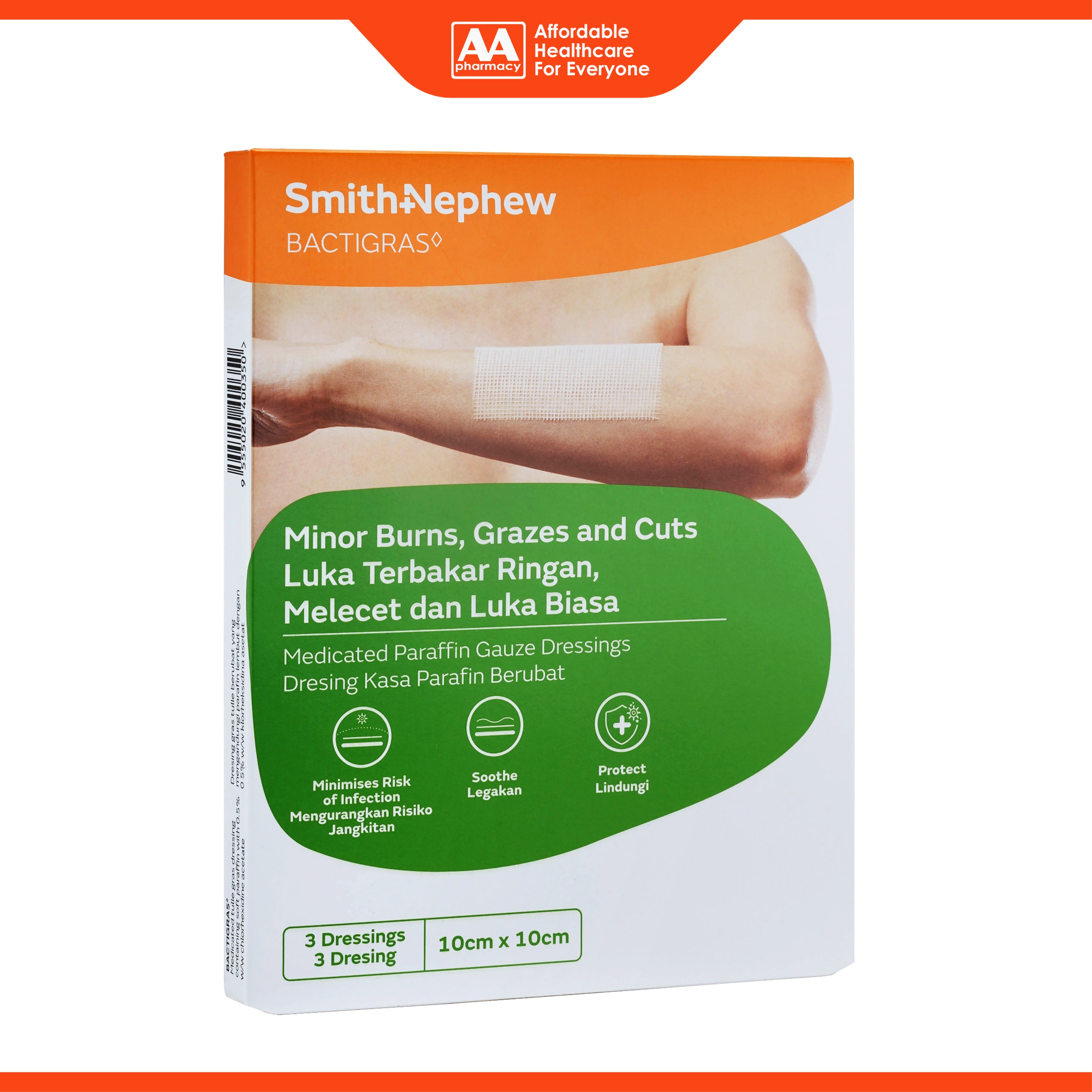 Smith and Nephew Bactigras Medicated Paraffin Gauze Dressing 10cmx10cm 3's