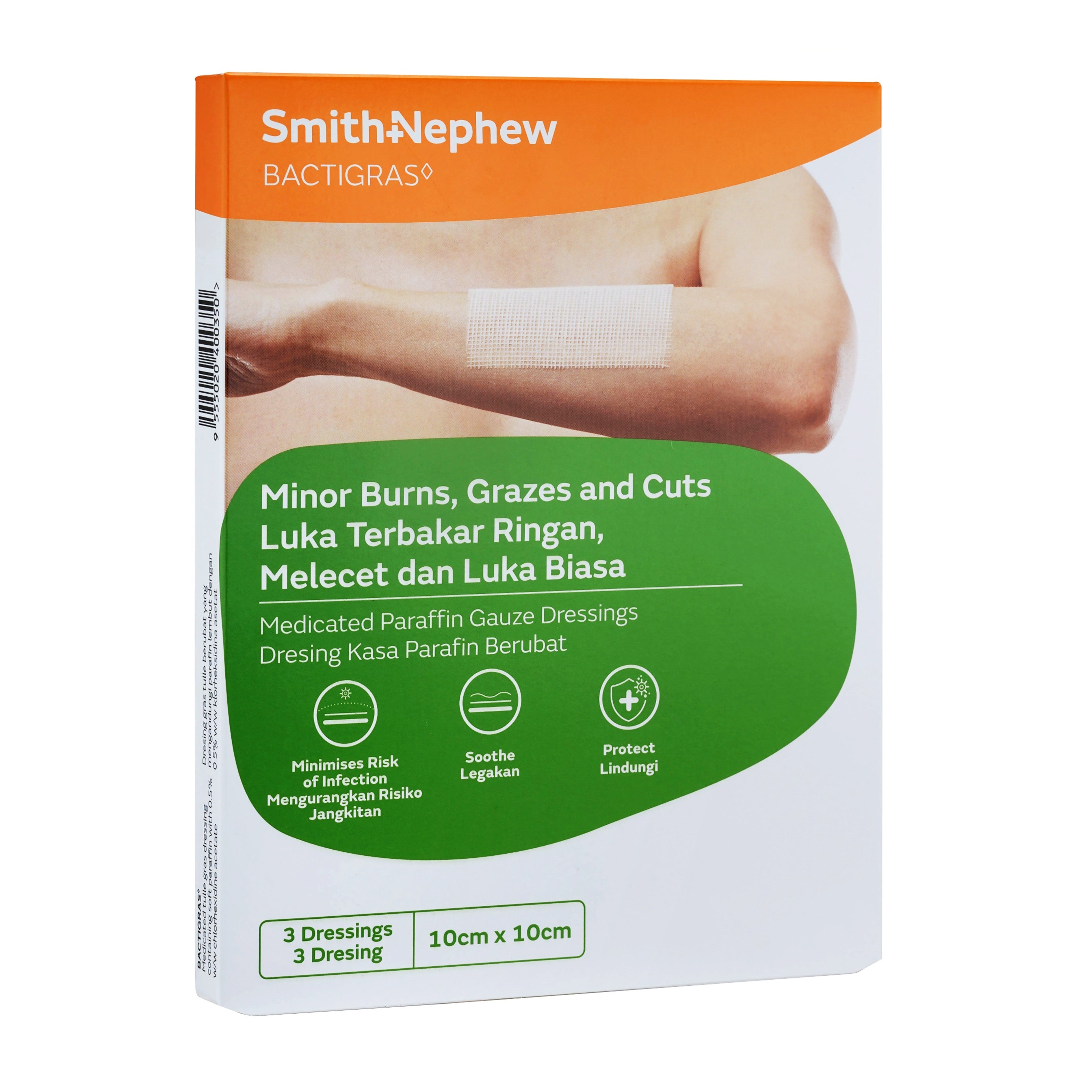 Smith and Nephew Bactigras Medicated Paraffin Gauze Dressing 10cmx10cm 3's