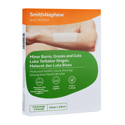 Smith and Nephew Bactigras Medicated Paraffin Gauze Dressing 10cmx10cm 3's