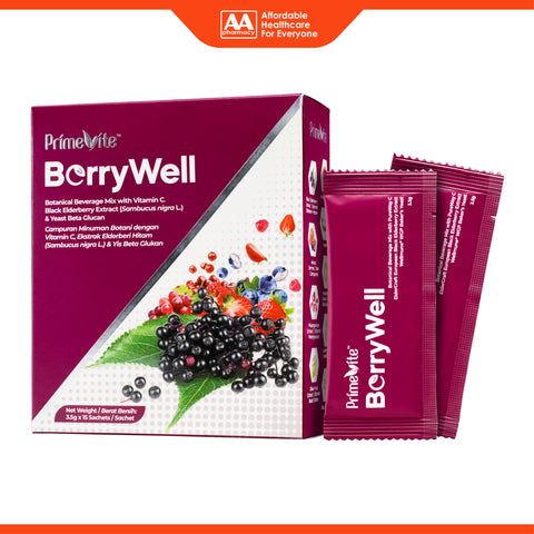 PrimeVite BerryWell (Vitamin C, Black Elderberry Extract, Yeast Beta Glucan) Botanical Beverage Mix Powder 3.5gx15's