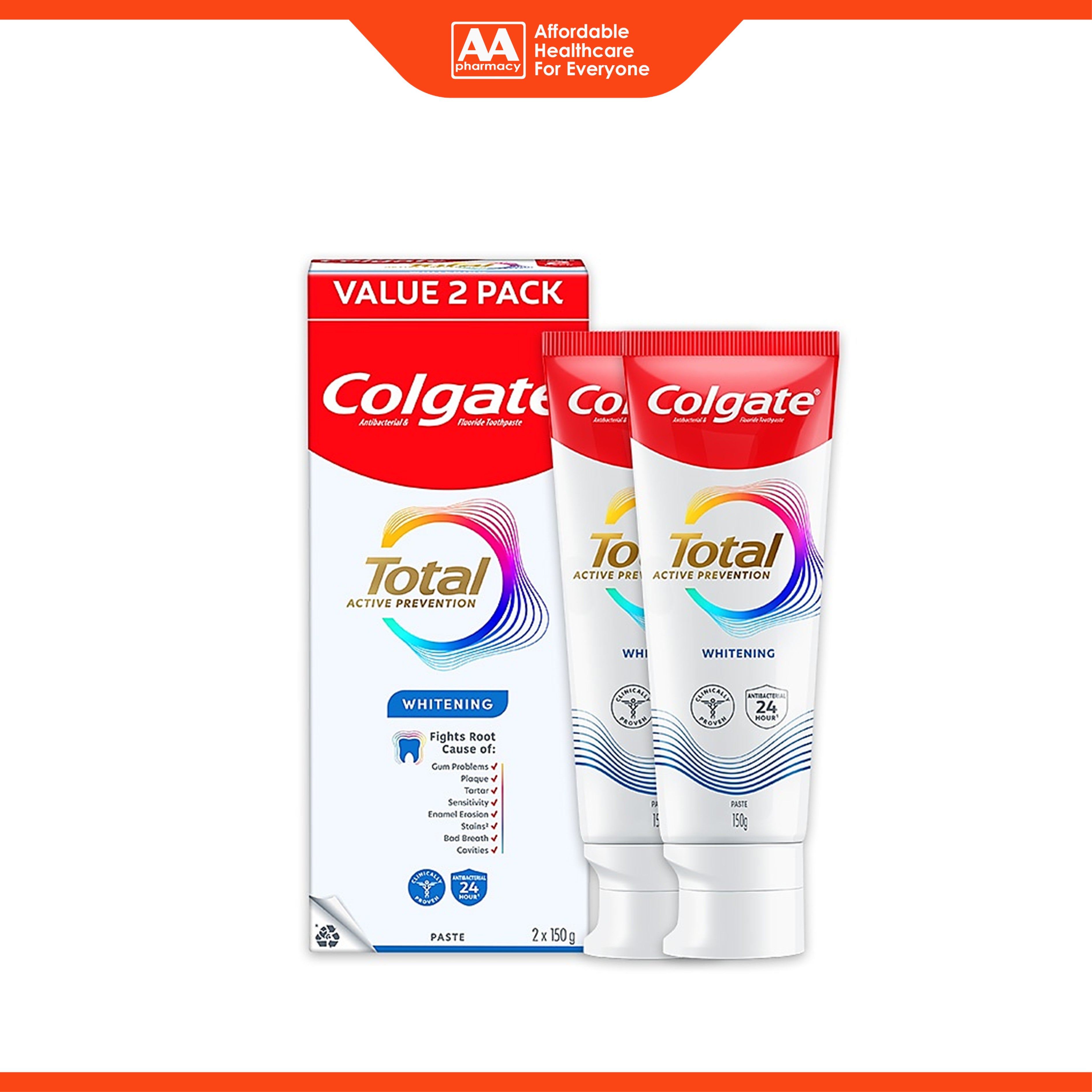 Colgate Total Active Prevention Toothpaste - Whitening (2 x 150g)