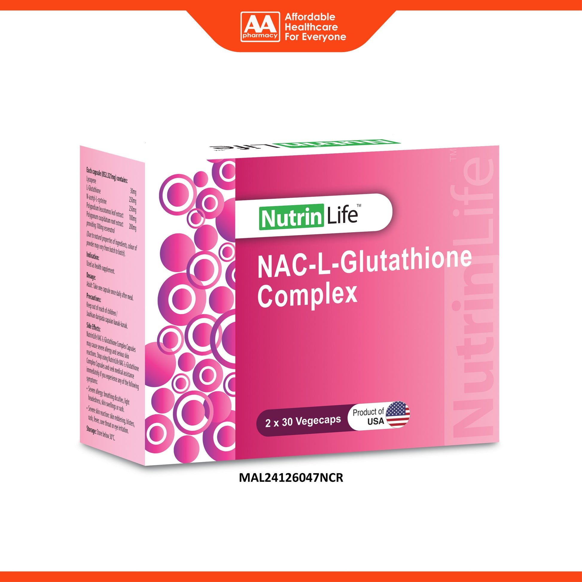 NutrinLife NAC L-Glutathione Complex Vegecapsule 2x30's [Improved Form – AA Pharmacy
