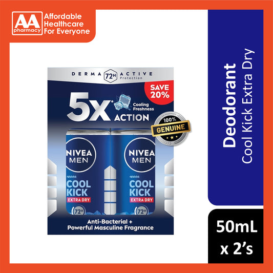 Nivea Men Cool Kick Extra Dry 72H Anti-Perspirant Roll On 50mLx2's [Twinpack]