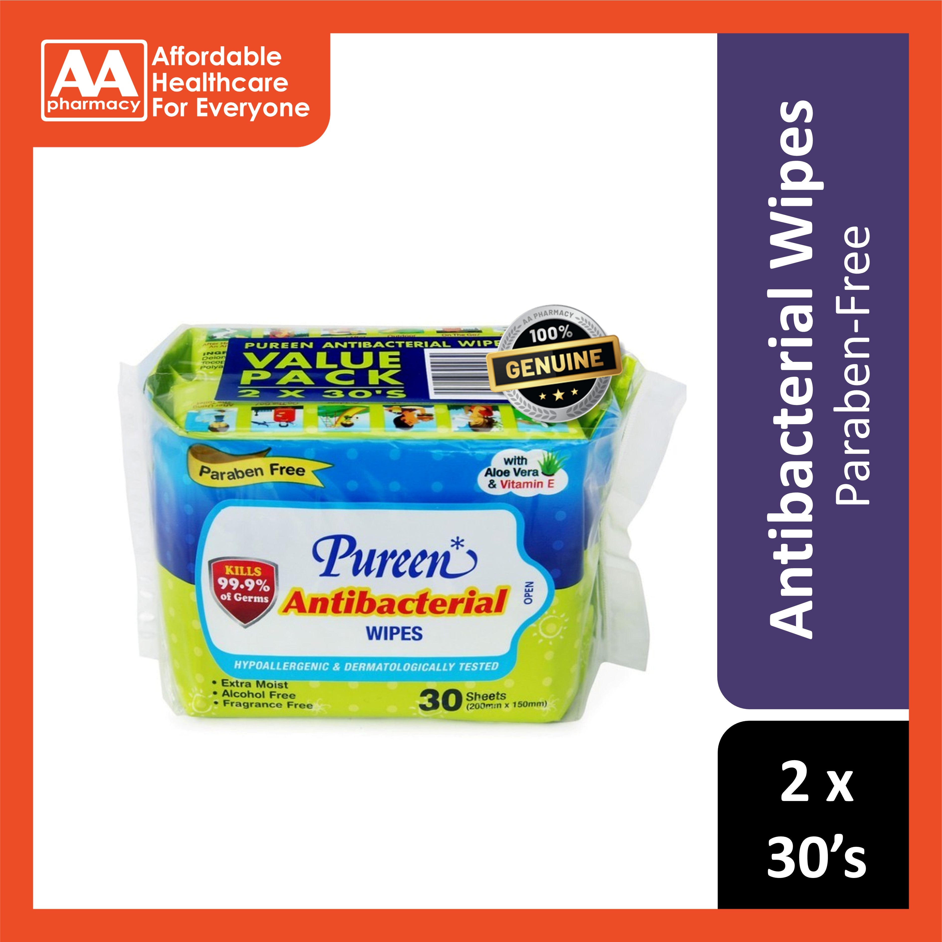 Pureen Antibacterial Wipes 2x30's [Value Pack]
