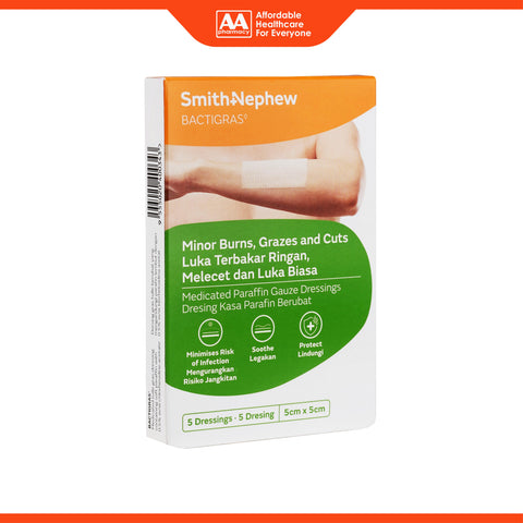 Smith and Nephew Bactigras Medicated Paraffin Gauze Dressing 5cmx5cm 5's