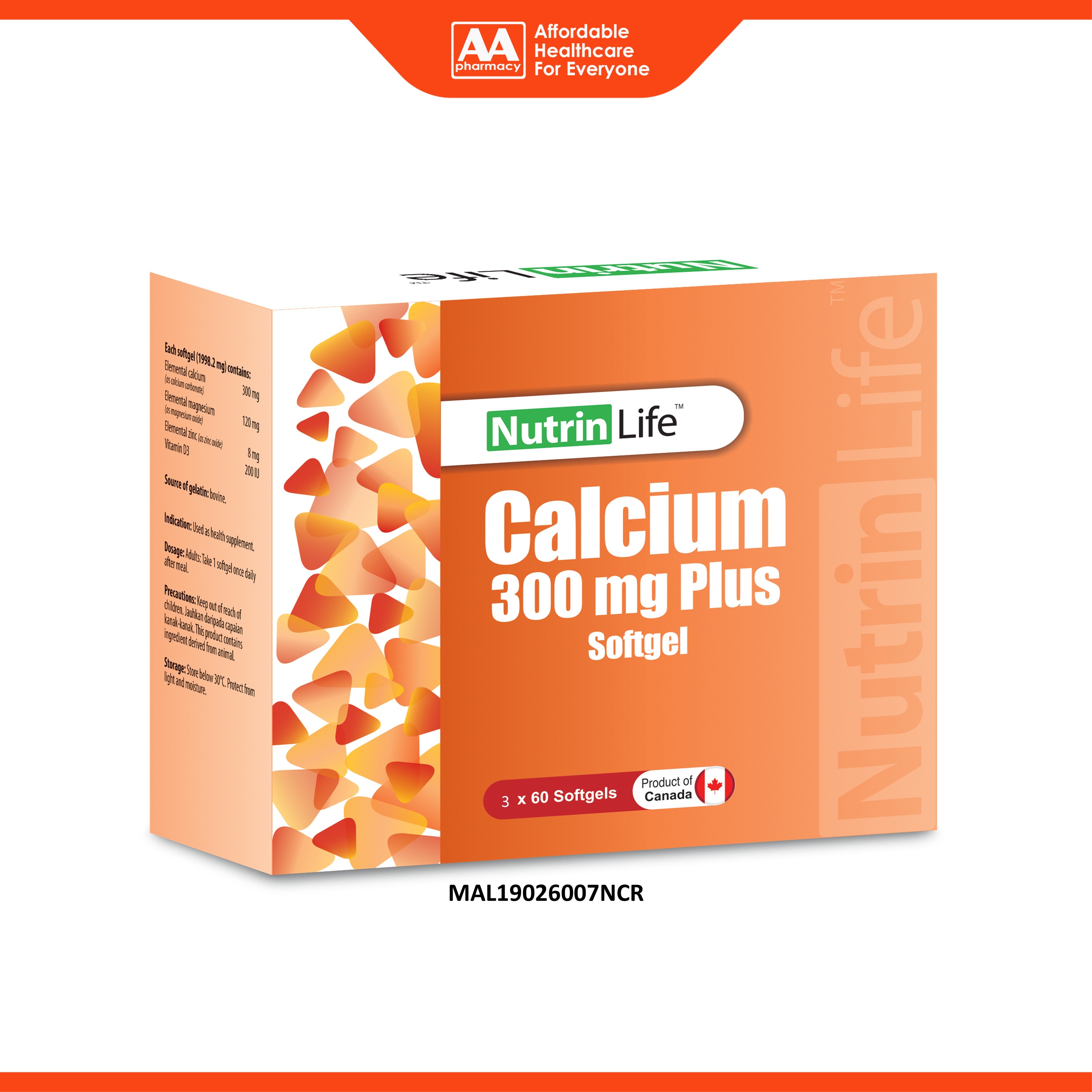 NutrinLife Calcium 300mg Plus Softgel 3x60's