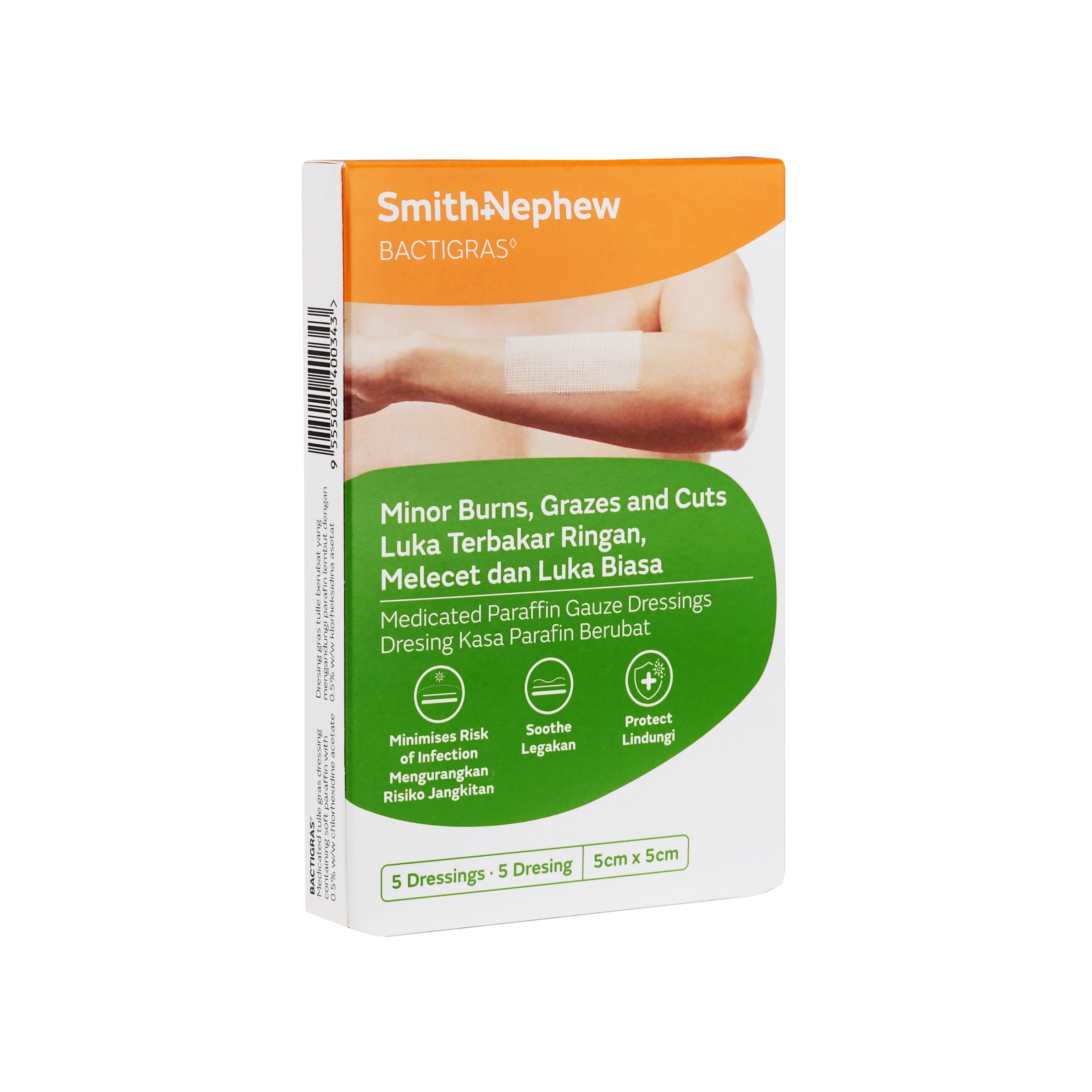 Smith and Nephew Bactigras Medicated Paraffin Gauze Dressing 5cmx5cm 5's