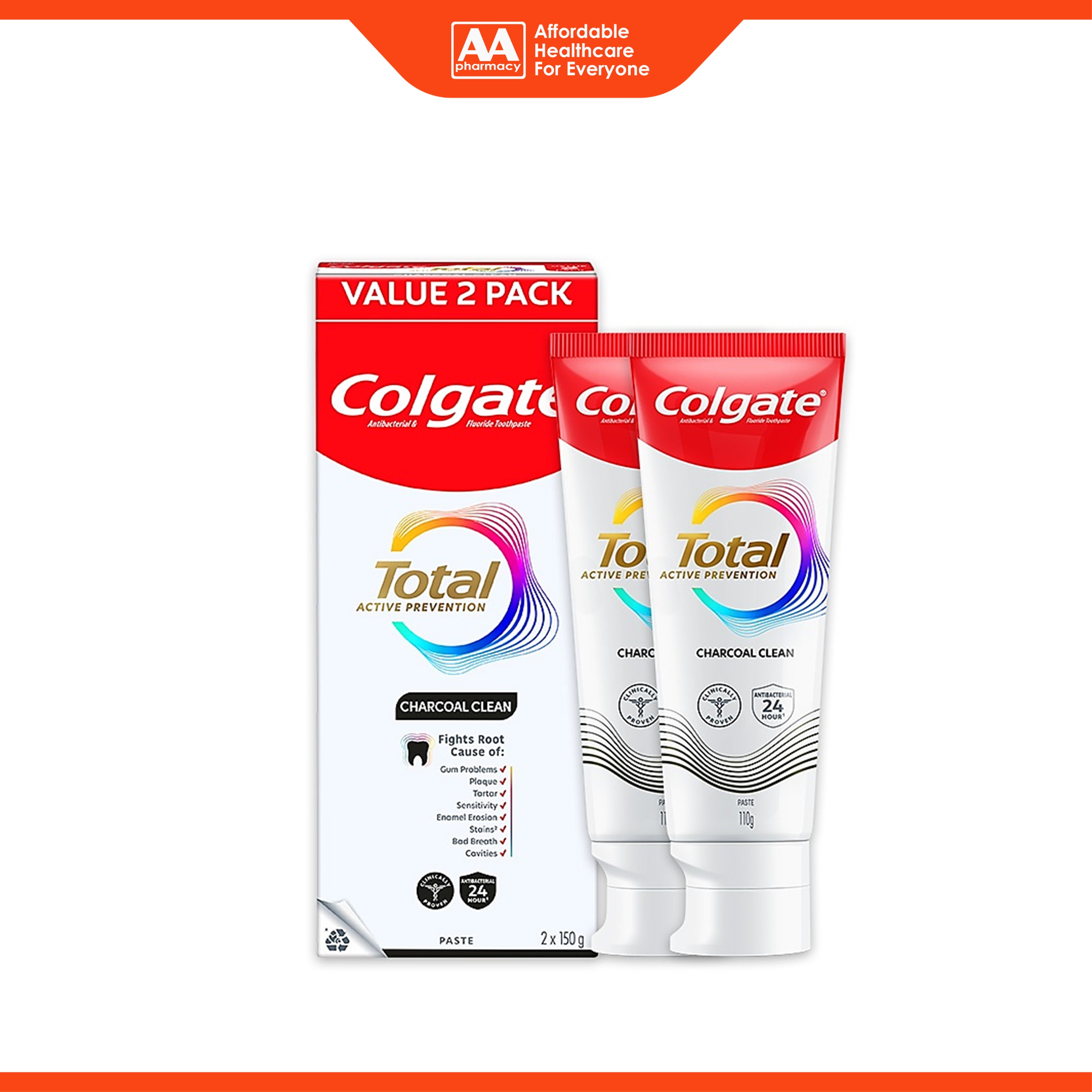 Colgate Total Active Prevention Toothpaste - Charcoal Clean (150g x 2's)