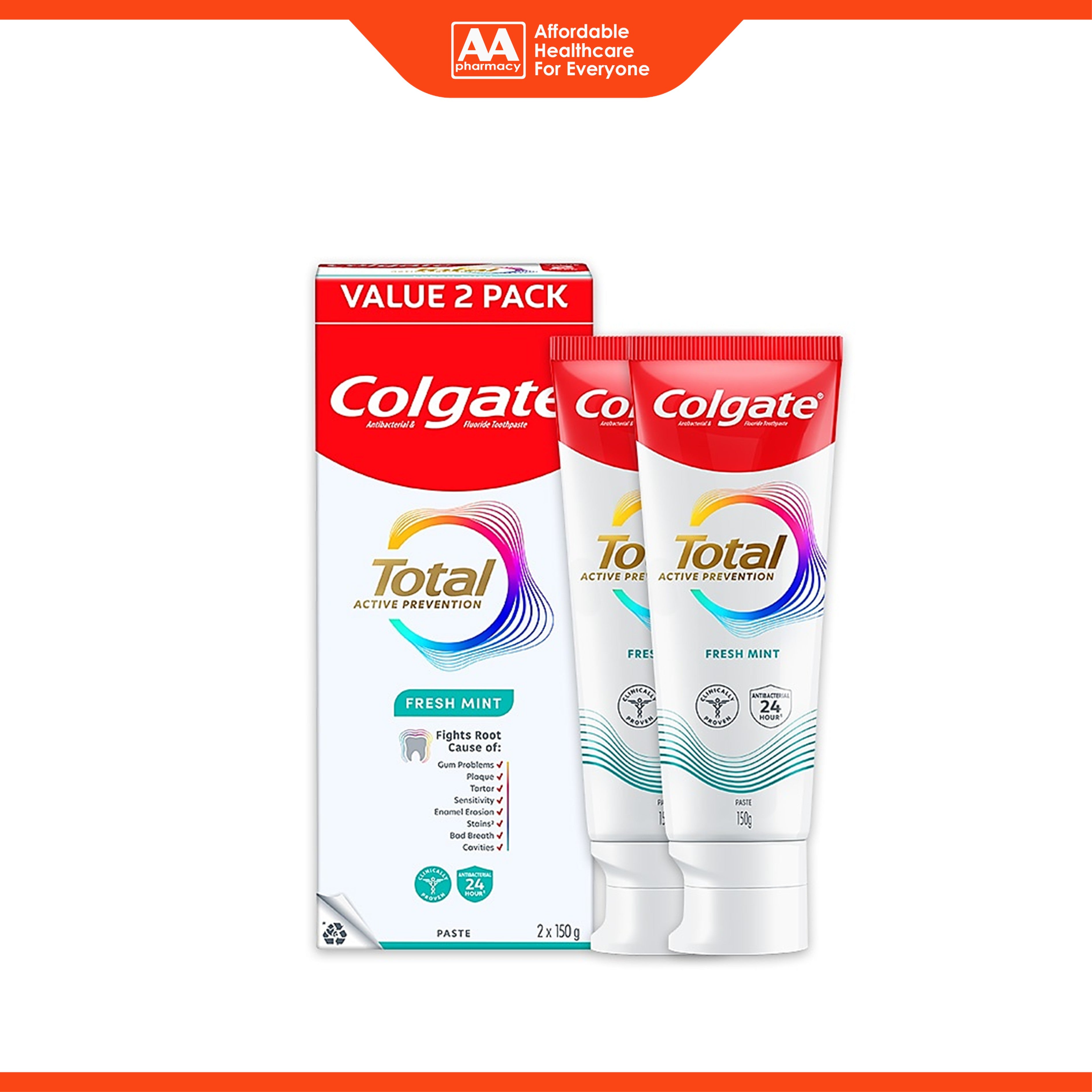 Colgate Total Active Prevention Toothpaste - Fresh Mint (150g x 2's)