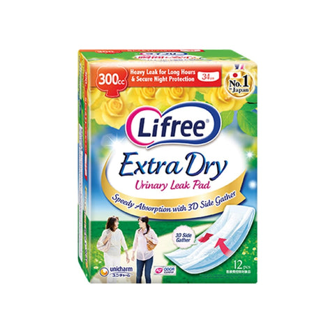 Lifree Extra Dry Urinary Leak Pad (Heavy Urine Leak 300cc for Long Hours abd Secure Night Protection, 34cm) 12's