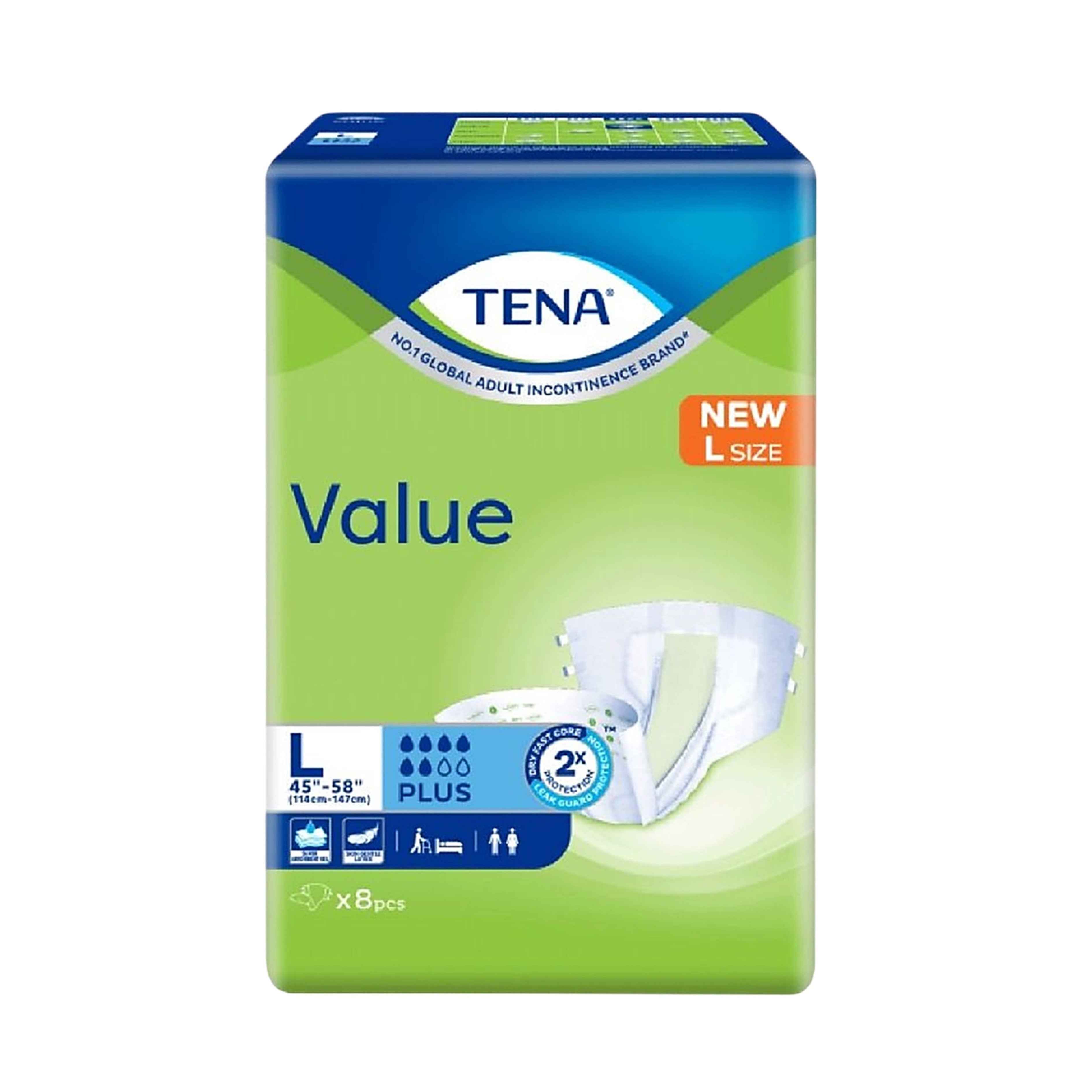 Tena Value Plus Adult Diapers Size L 8's (114-147cm / 45-58 inches)