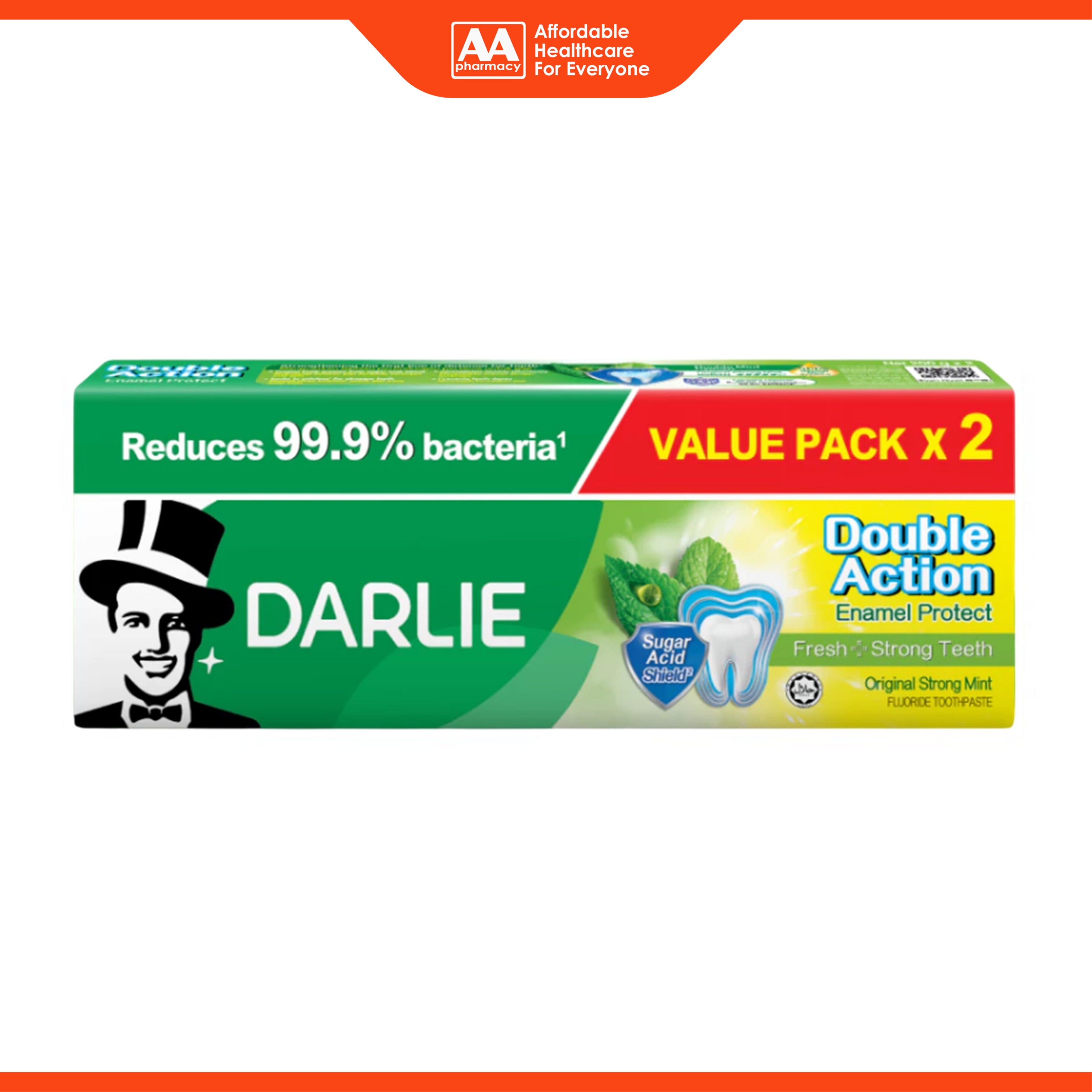 Darlie Double Action (Enamel Protect) Fresh + Strong Teeth Fluoride Toothpaste 200gx2's (Original Strong Mint) [Value Pack]