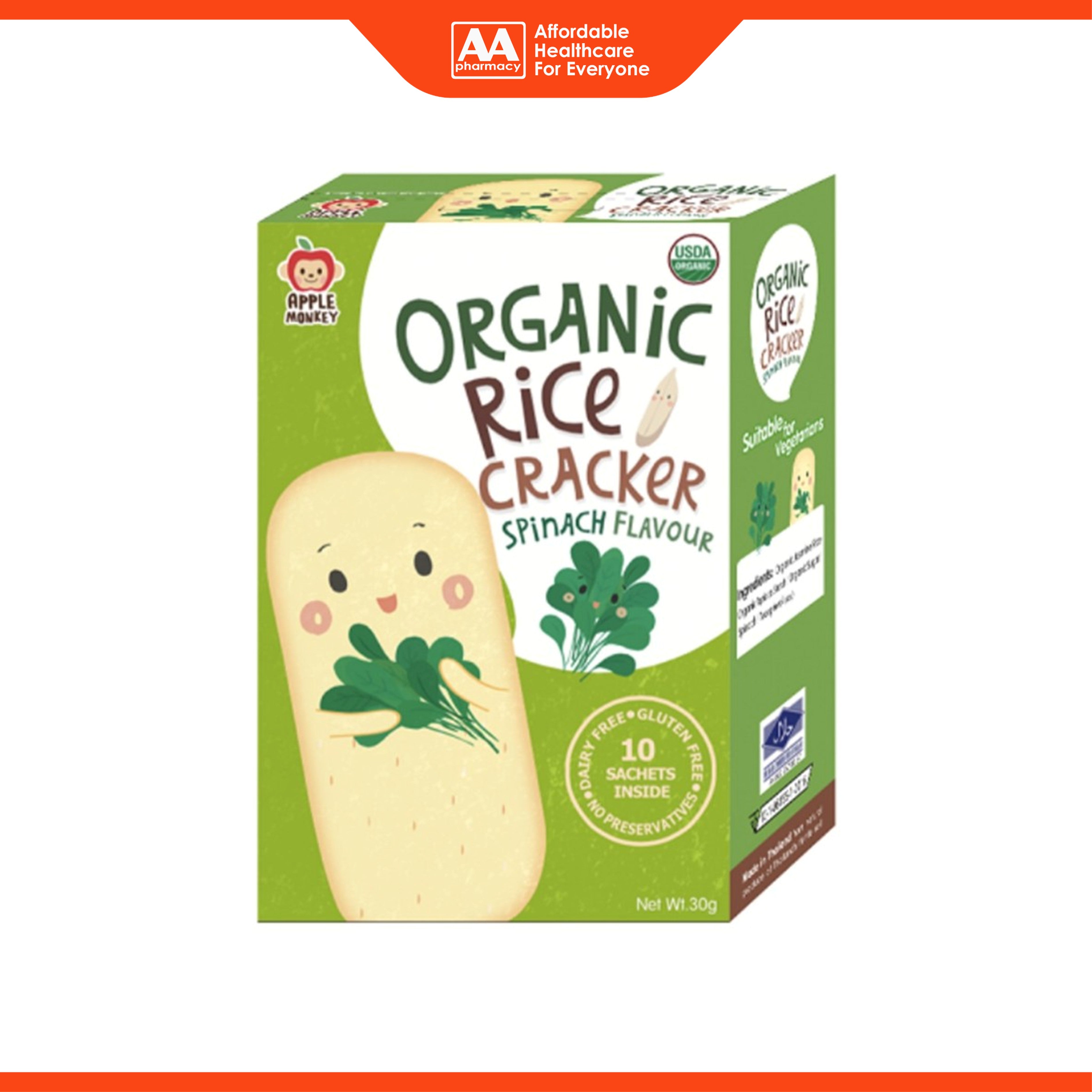 Apple Monkey Organic Rice Cracker - Spinach Flavour (10 x 3g)