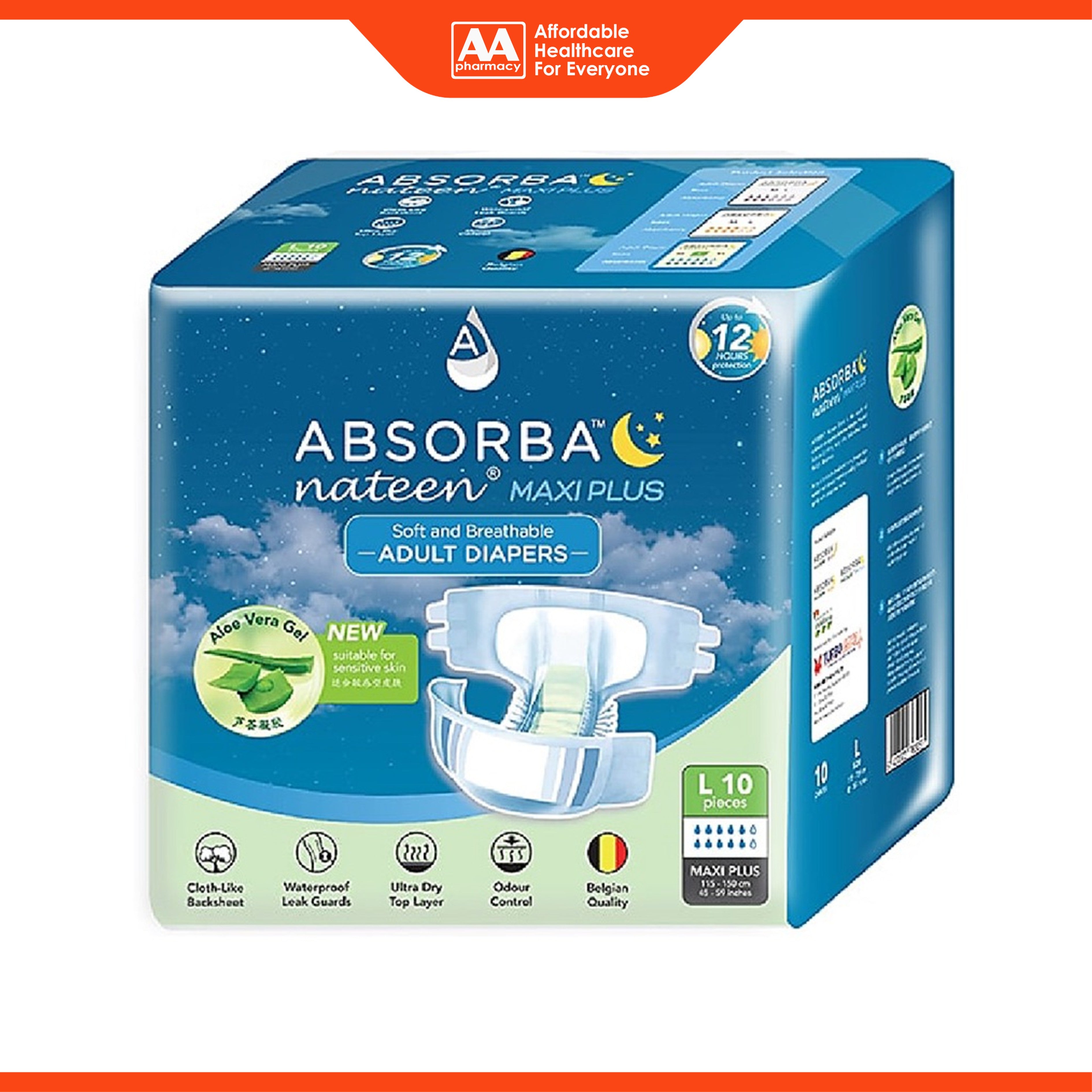 Absorba Nateen Maxi Plus Adult Diapers Size L 10's (115-150cm / 45-59 inches)