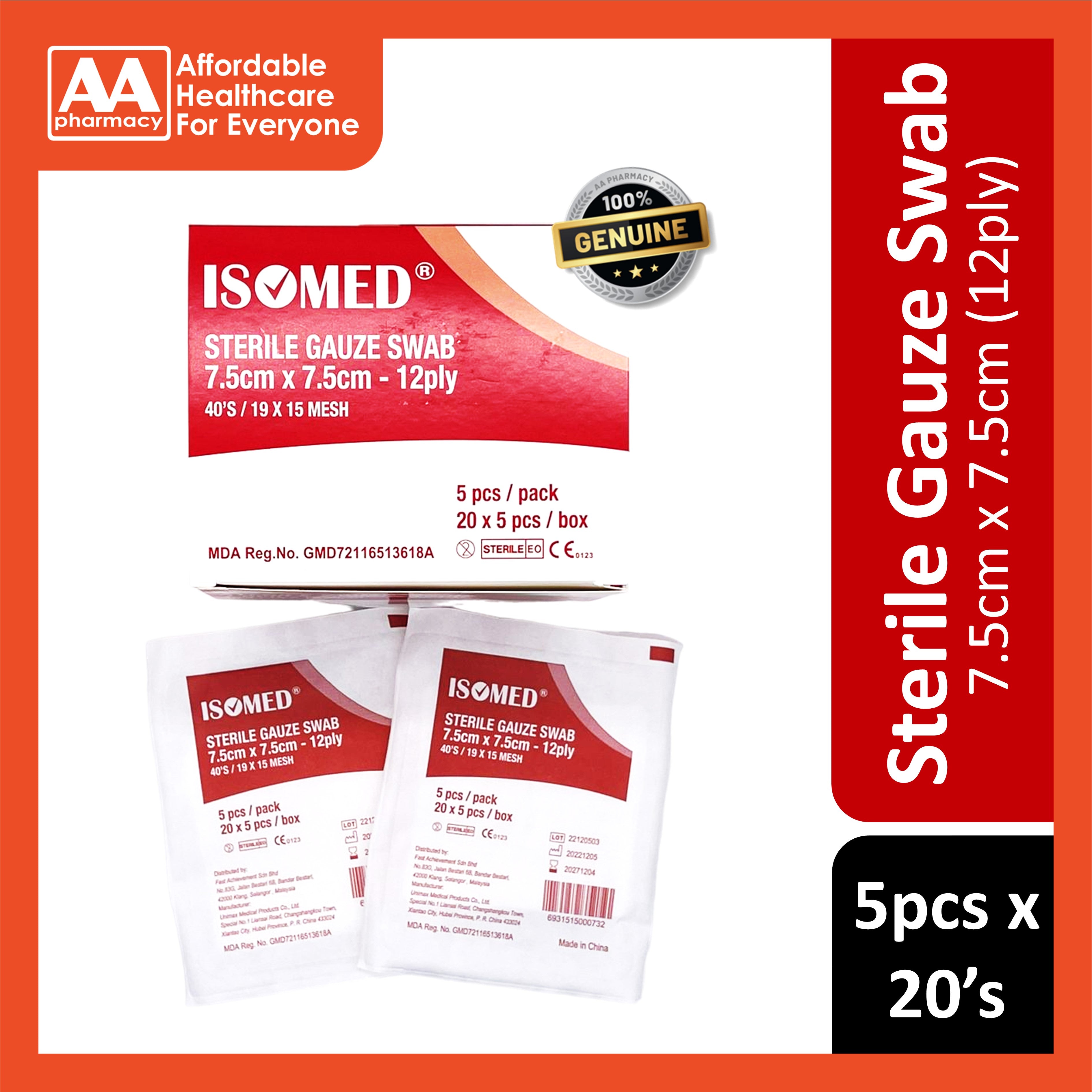 Sterile Gauze Swab 7.5cmx7.5cmx12ply 5pcsx20's