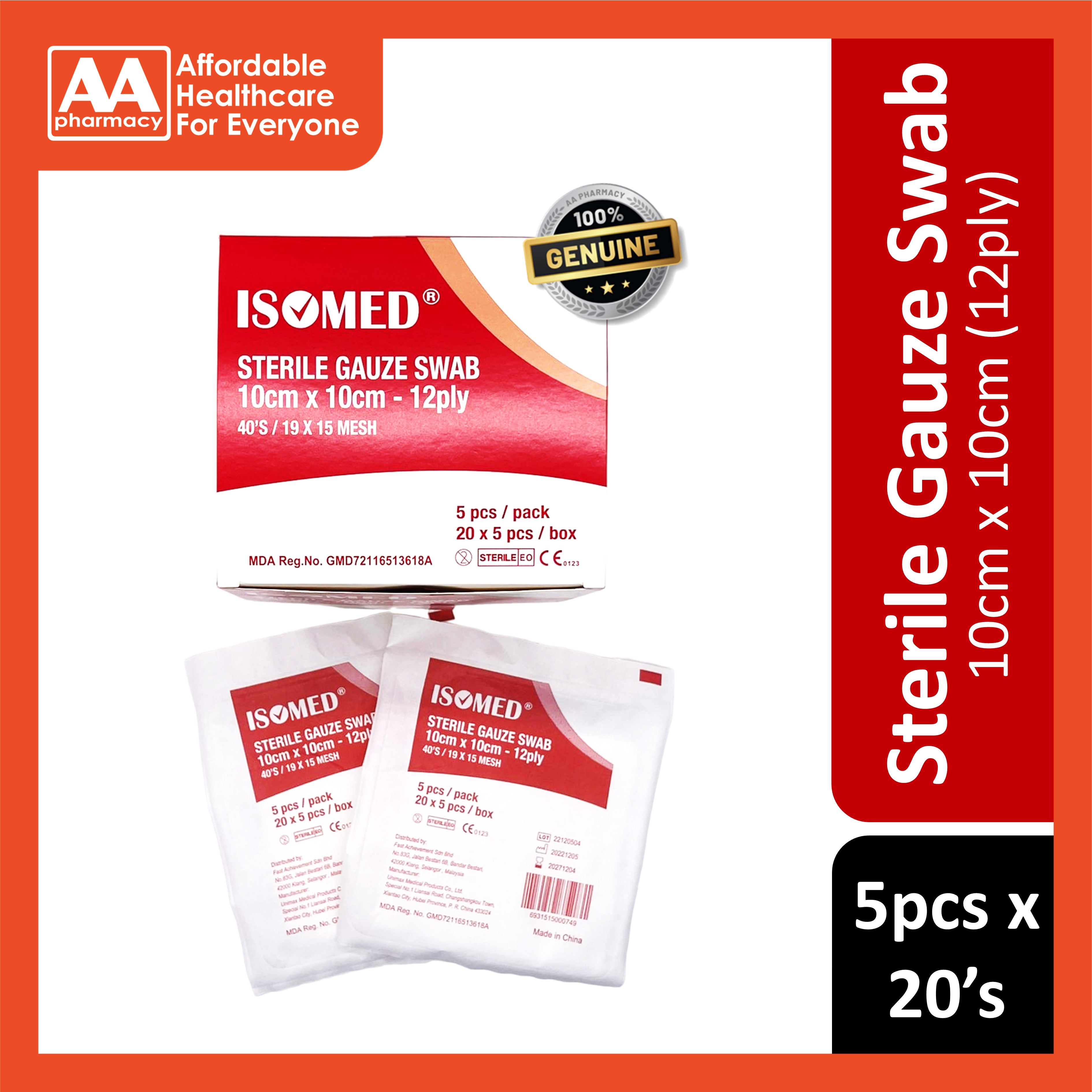 Sterile Gauze Swab 10cmx10cmx12ply 5pcsx20's