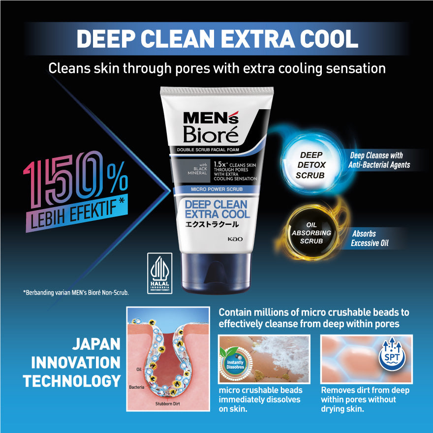 Men's Bioré Double Scrub Facial Foam (Deep Clean Extra Cool) 100g