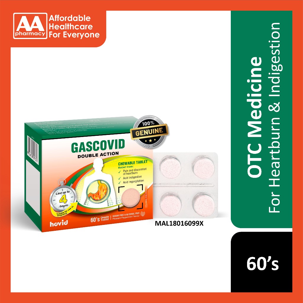 Gascovid Double Action Chewable Tablet 10x6’s (Sugar and Alcohol Free) - For Heartburn & Indigestion