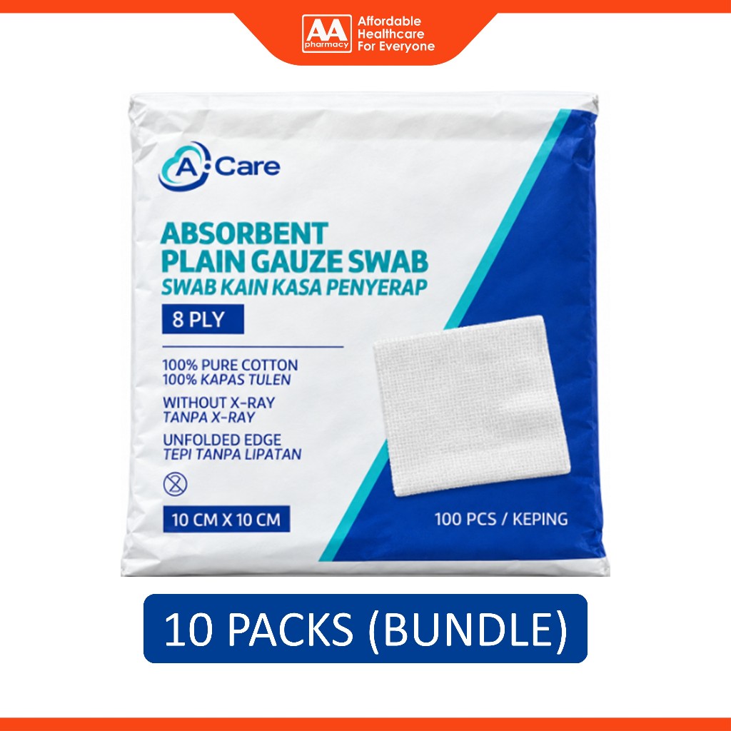 A-Care Absorbent Plain Gauze Swab - 10cm x 10cm, 8ply (10 x 100's)
