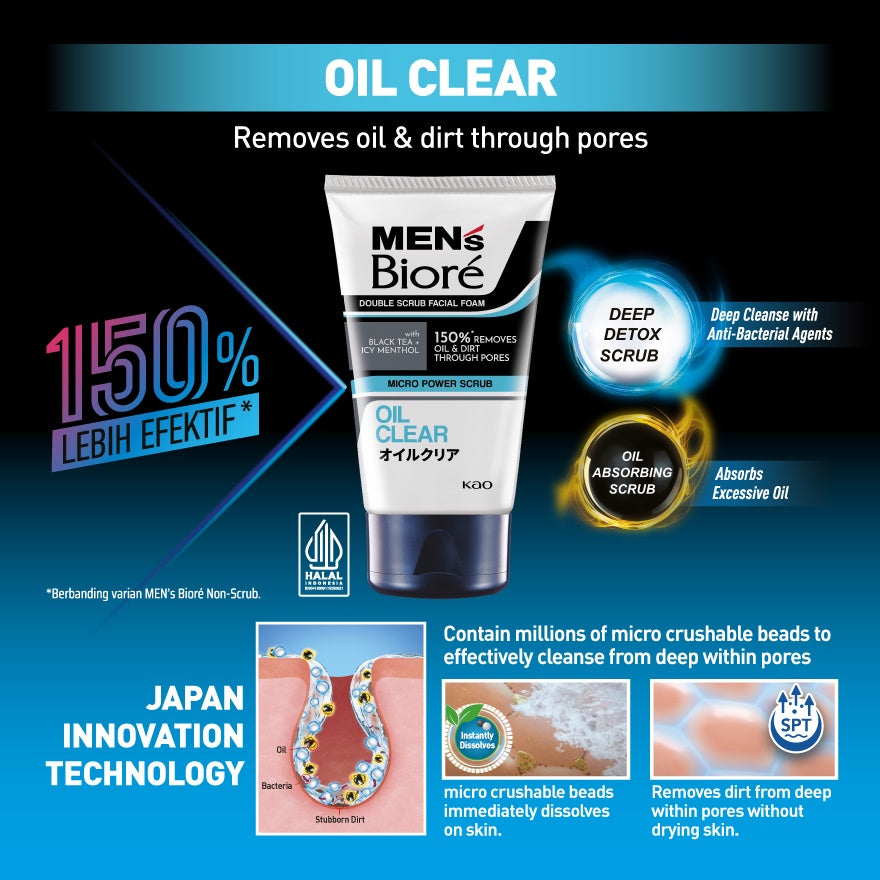 Men's Bioré Double Scrub Facial Foam (Oil Clear) 100g