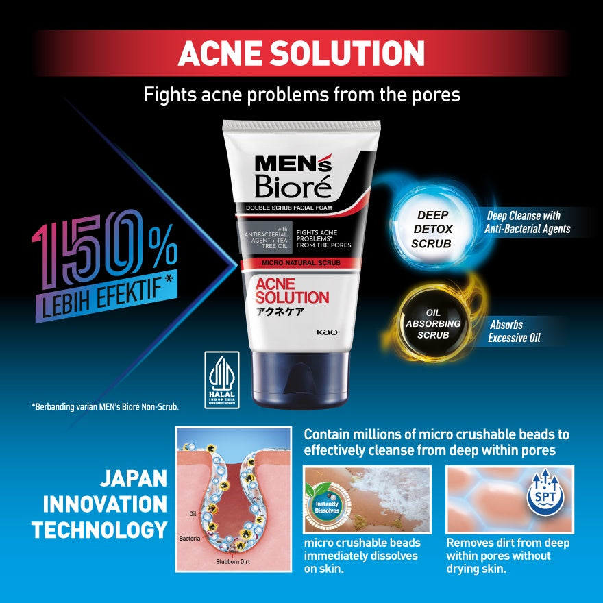 Men's Bioré Double Scrub Facial Foam (Acne Solution) 100g