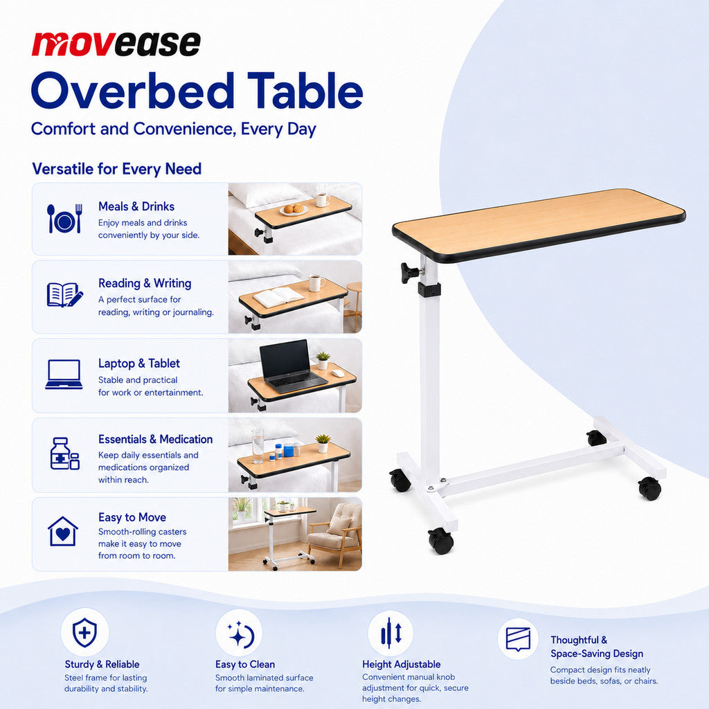 Movease Height Adjustable Hospital Overbed Table