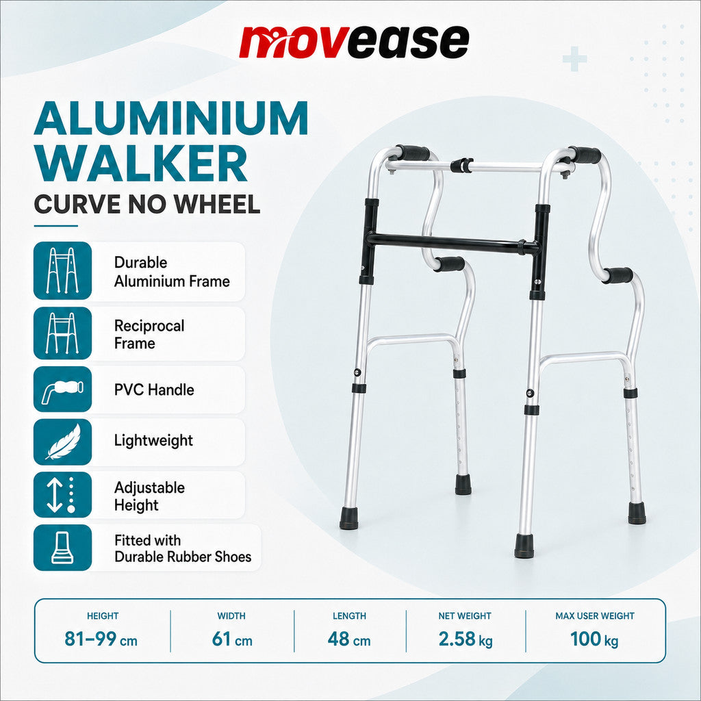 Movease Height Adjustable Foldable Aluminium Walking Frame Curved - Without Wheels