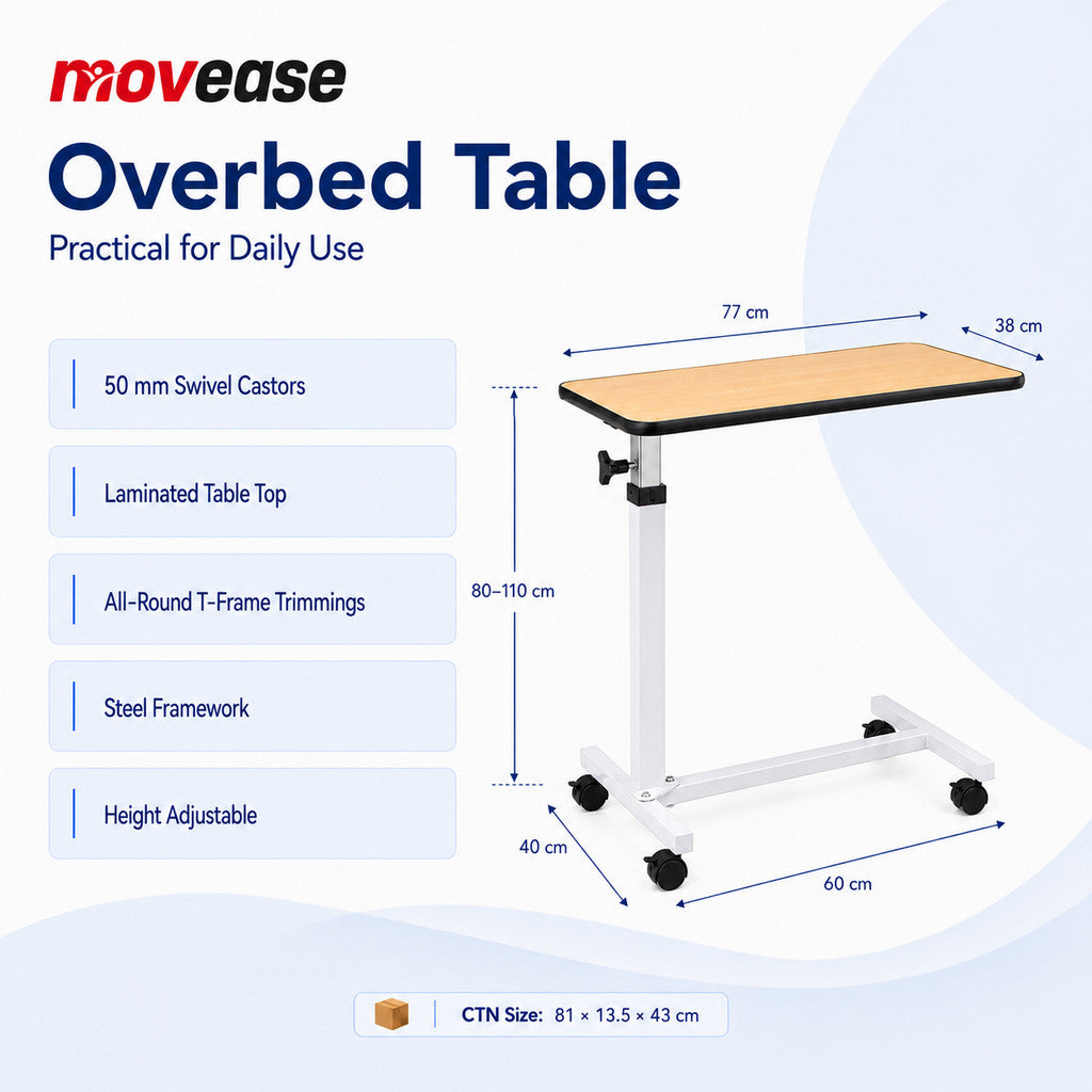 Movease Height Adjustable Hospital Overbed Table