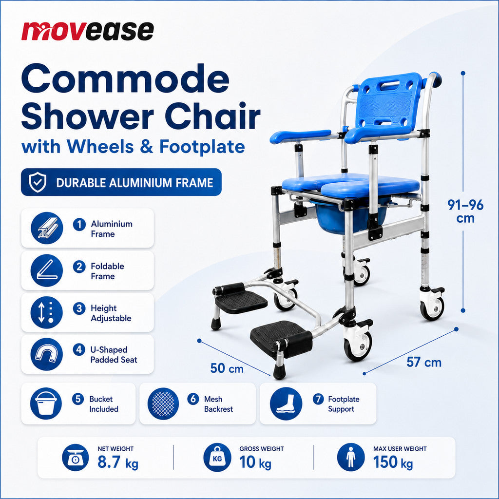 Movease Height Adjustable Foldable Aluminium Commode Shower Chair with Wheels and Footplate