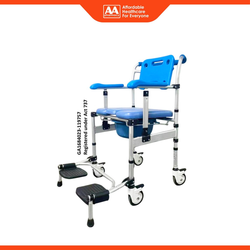 Movease Height Adjustable Foldable Aluminium Commode Shower Chair with Wheels and Footplate
