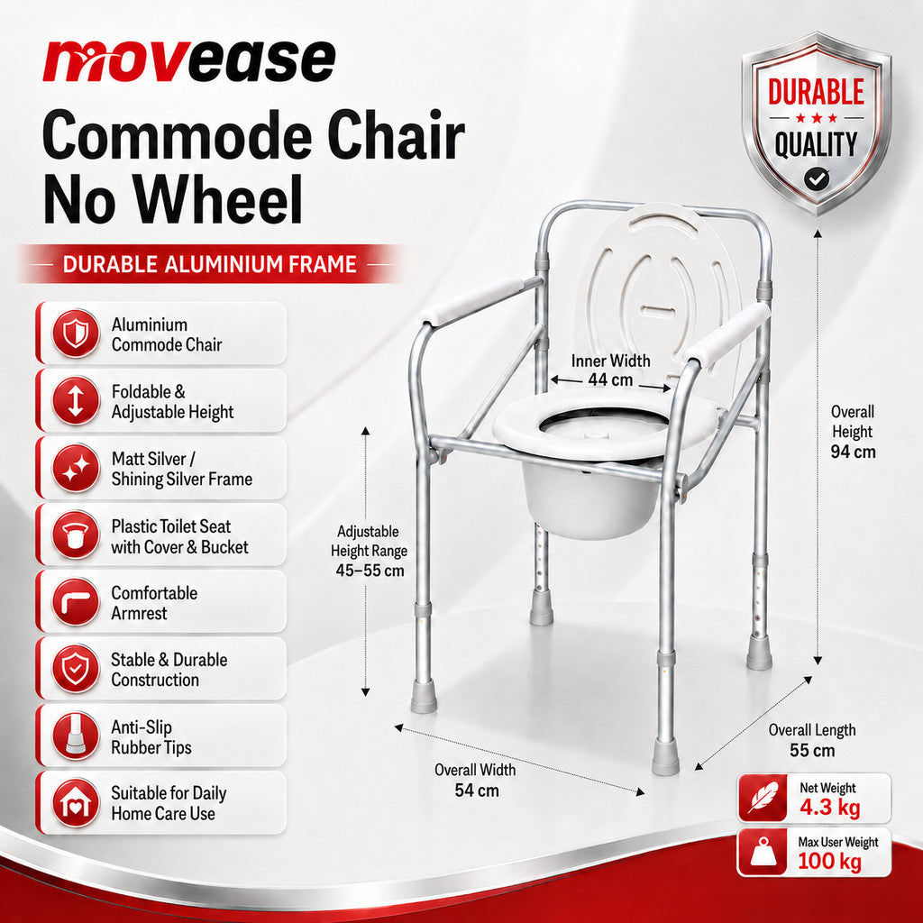 Movease Height Adjustable Foldable Aluminium Commode Chair Toilet Aid - Without Wheels