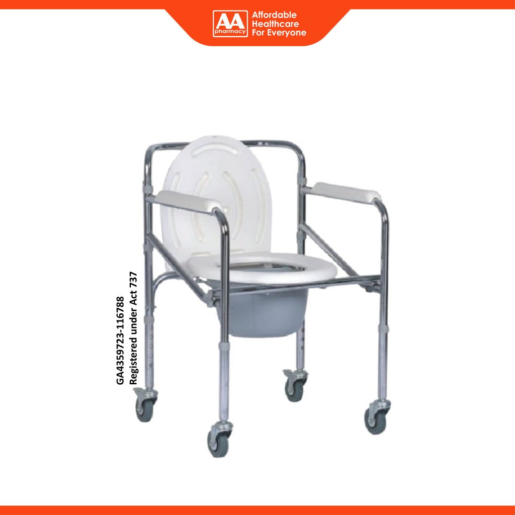 Movease Height Adjustable Foldable Chromed Steel Commode Chair Toilet Aid - With Wheels