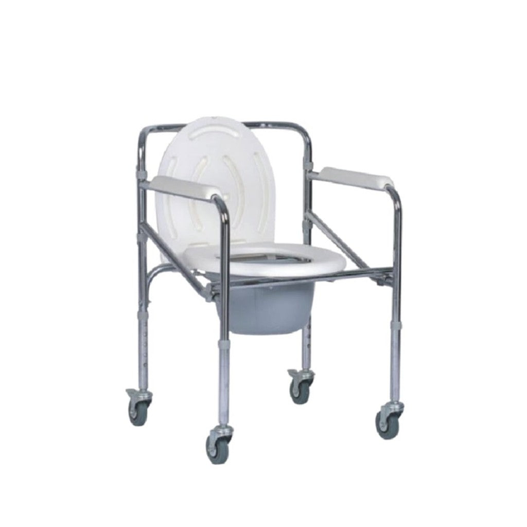 Movease Height Adjustable Foldable Chromed Steel Commode Chair Toilet Aid - With Wheels