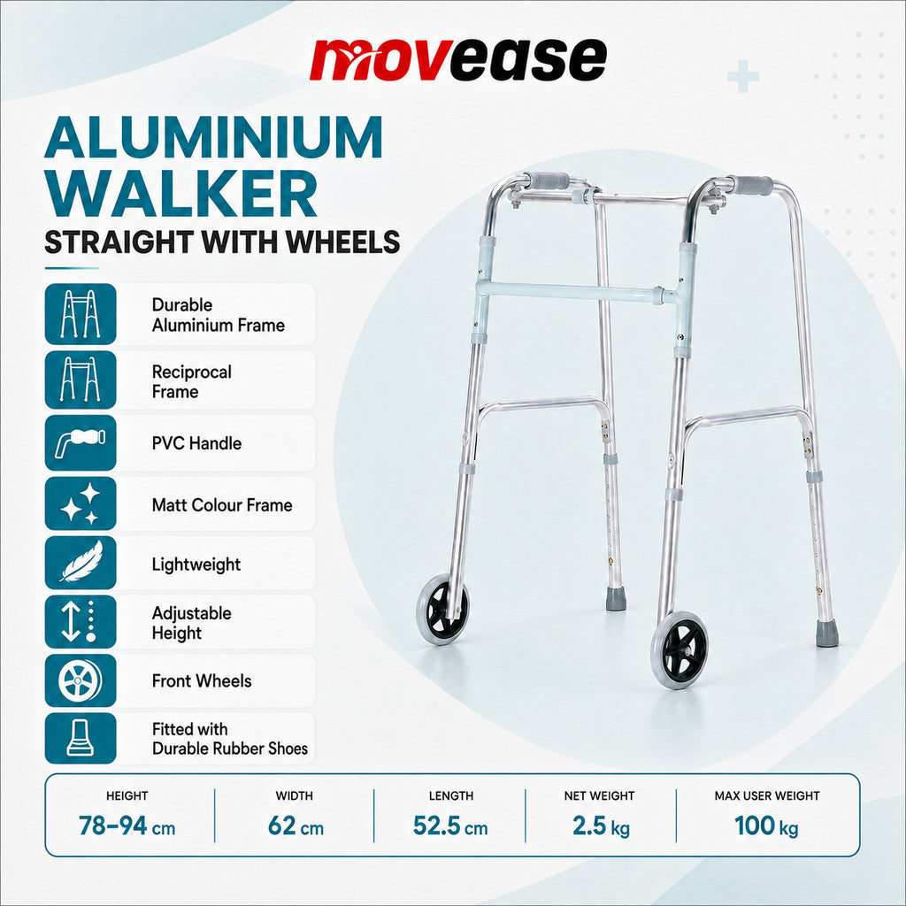 Movease Height Adjustable Foldable Aluminium Walking Frame Straight - With Wheels