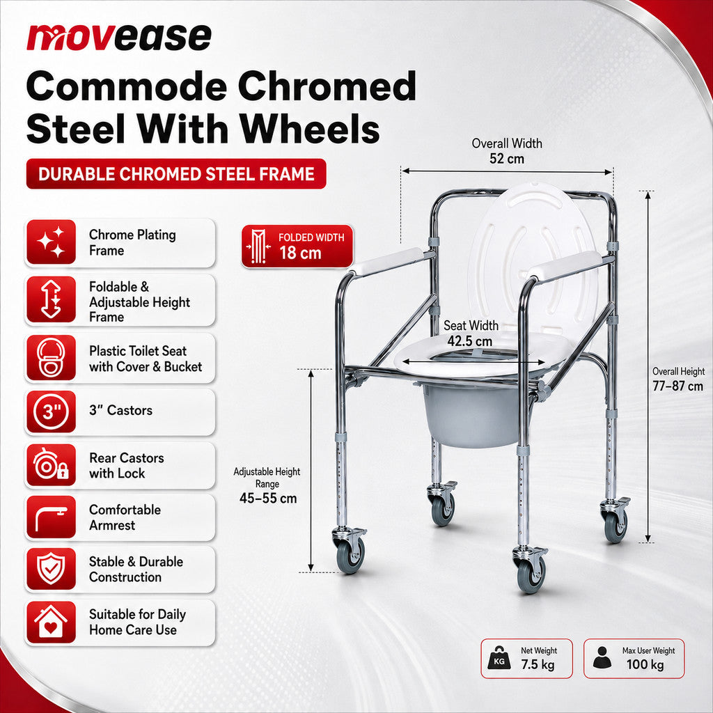 Movease Height Adjustable Foldable Chromed Steel Commode Chair Toilet Aid - With Wheels