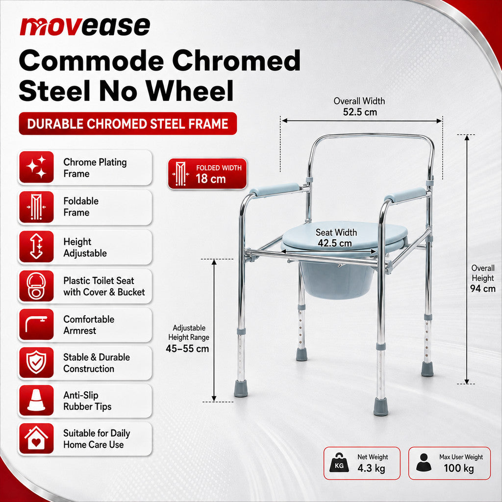 Movease Height Adjustable Foldable Chromed Steel Commode Chair Toilet Aid - Without Wheels