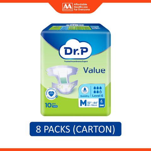 Dr. P Value Adult Diapers Size M 10's (81-112cm / 32-44 inches) [8 Packs/Carton]
