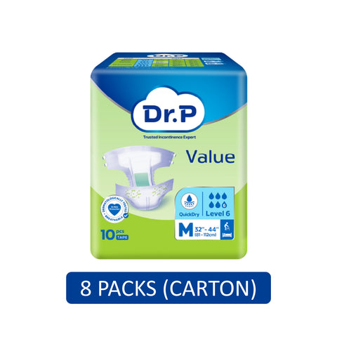 Dr. P Value Adult Diapers Size M 10's (81-112cm / 32-44 inches) [8 Packs/Carton]