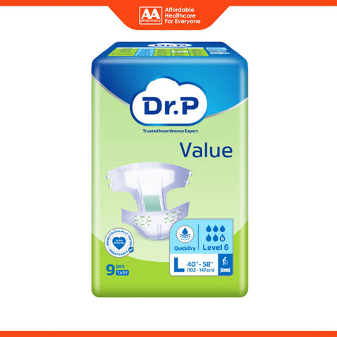 Dr. P Value Adult Diapers Size L 9's (102-147cm / 40-58 inches)