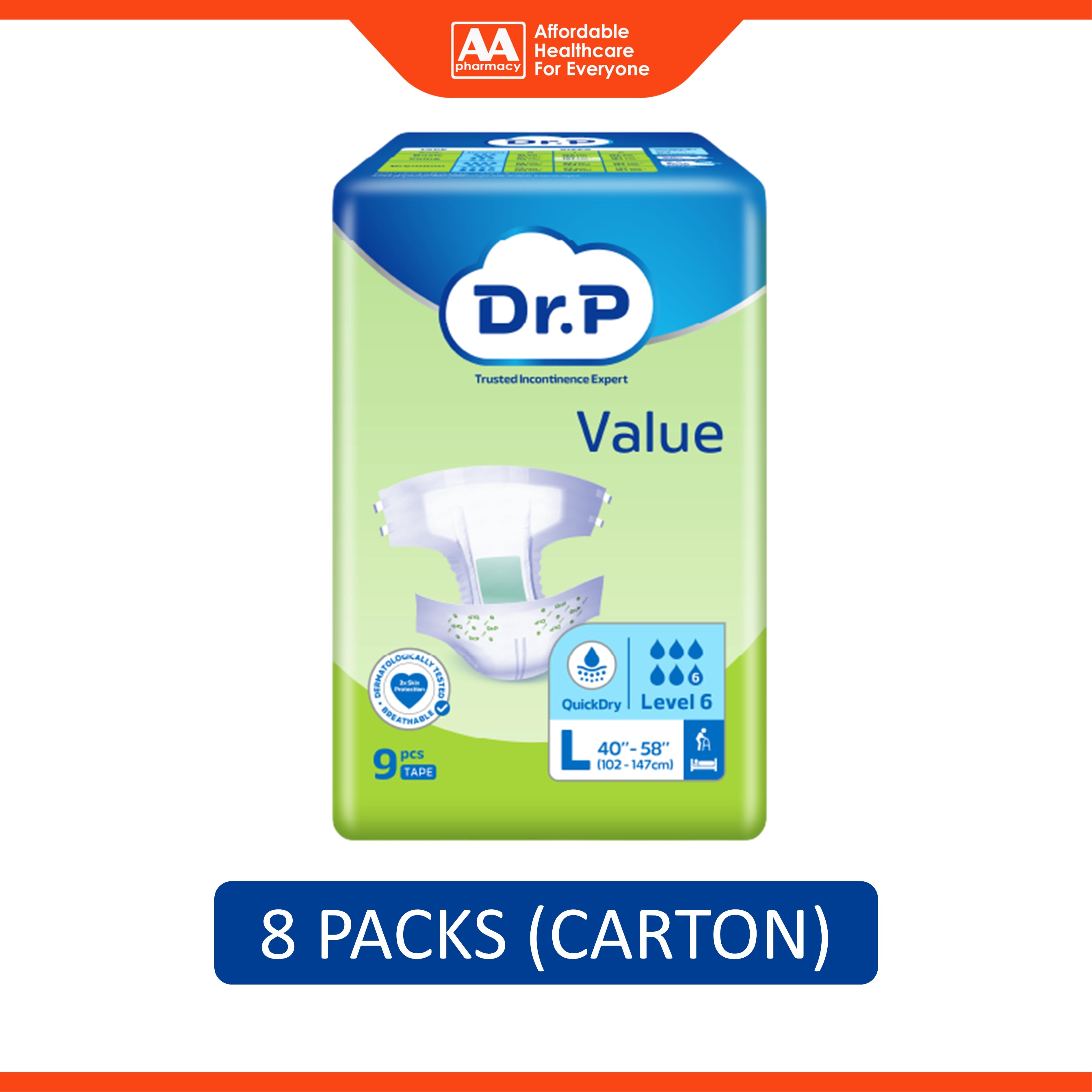 Dr. P Value Adult Diapers Size L 9's (102-147cm / 40-58 inches) [8 Packs/Carton]