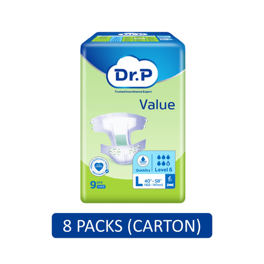 Dr. P Value Adult Diapers Size L 9's (102-147cm / 40-58 inches) [8 Packs/Carton]