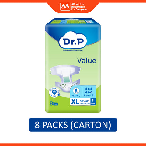 Dr. P Value Adult Diapers Size XL 8's (127-157cm / 50-62 inches) [8 Packs/Carton]