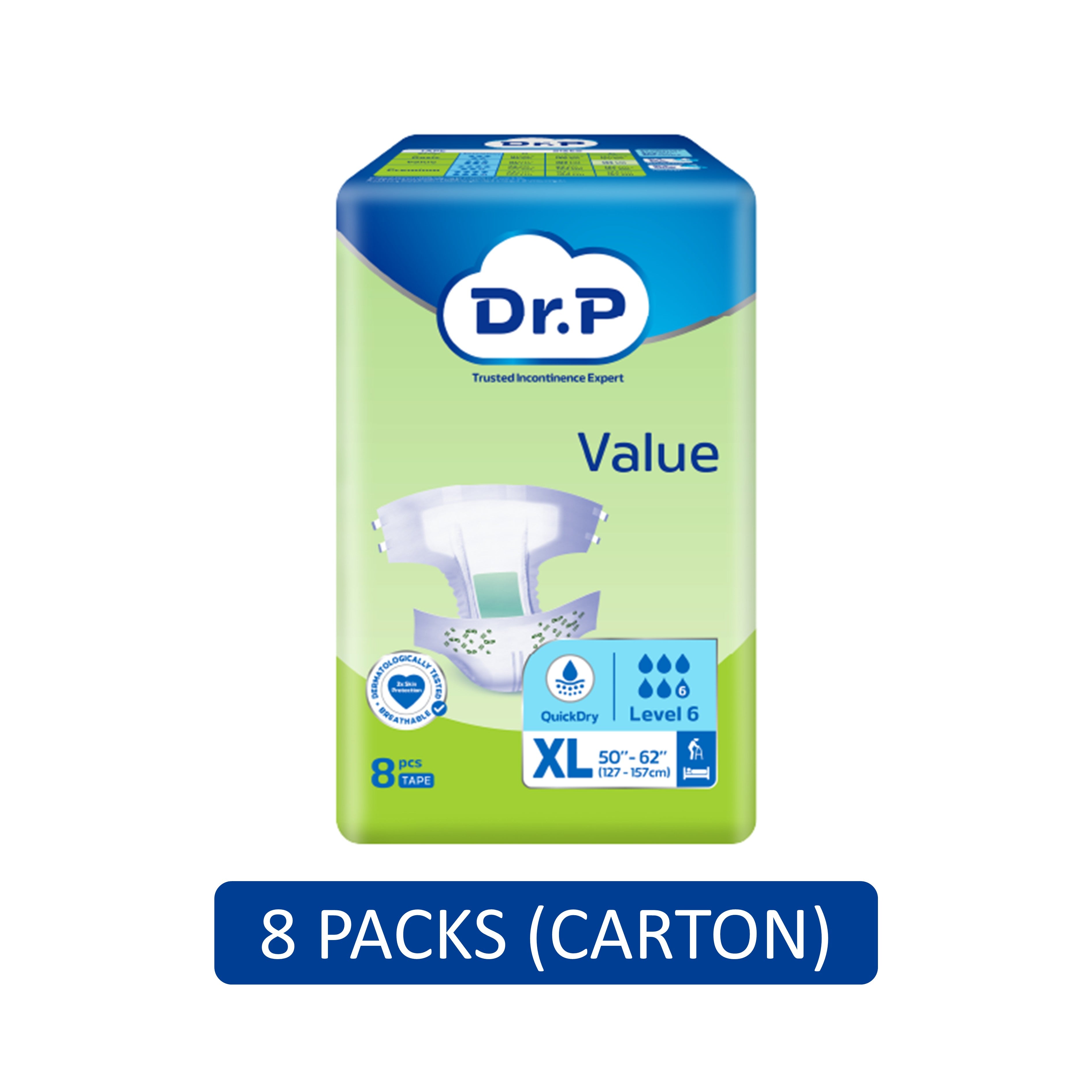 Dr. P Value Adult Diapers Size XL 8's (127-157cm / 50-62 inches) [8 Packs/Carton]