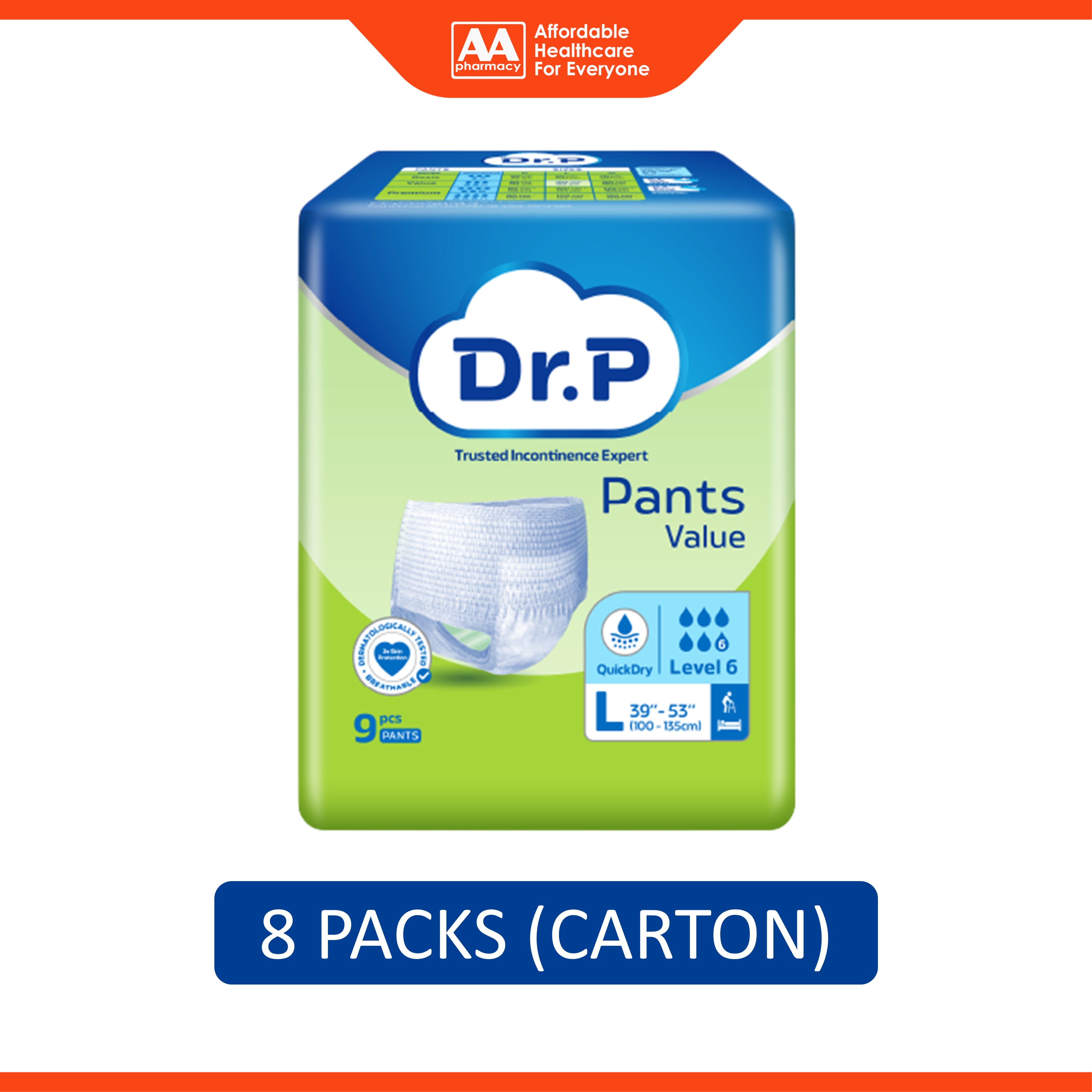 Dr. P Value Adult Pants Size L 9's (100-135cm / 39-53 inches) [8 Packs/Carton]