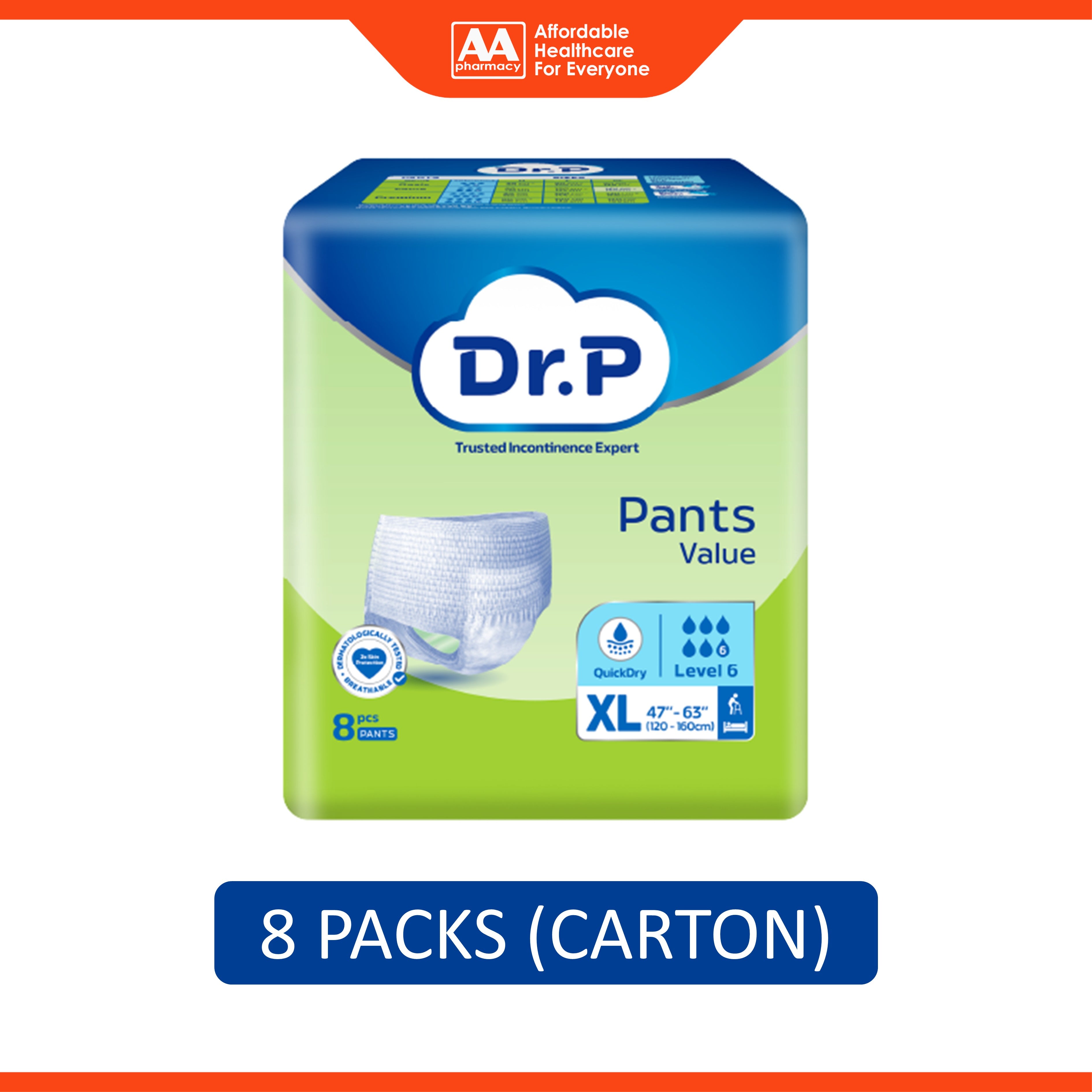 Dr. P Value Adult Pants Size XL 8's (120-160cm / 47-63 inches) [8 Packs/Carton]